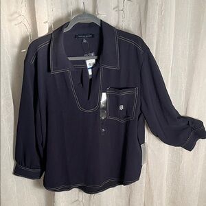 Tommy Hilfiger Women's Dark Blue Blouse with White Stitching
